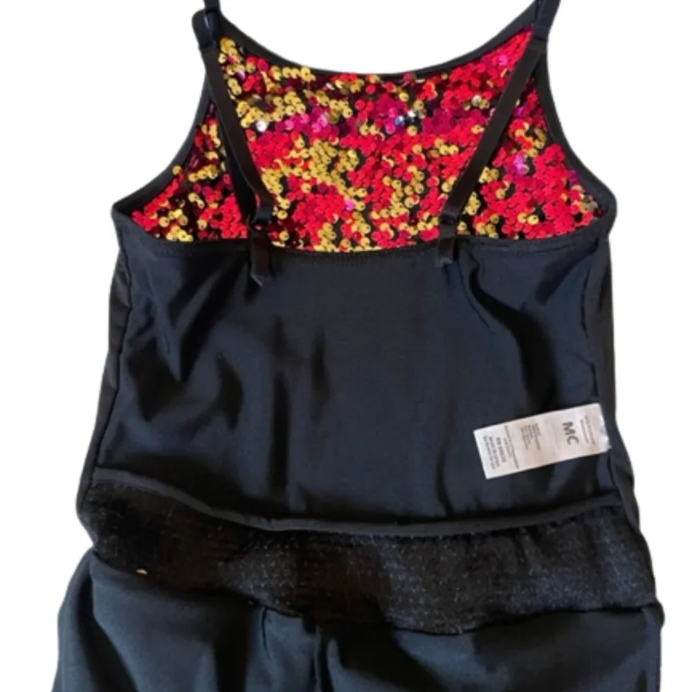 Black Unitard with red & gold sequins.Dance/Performance Costume.  Size M